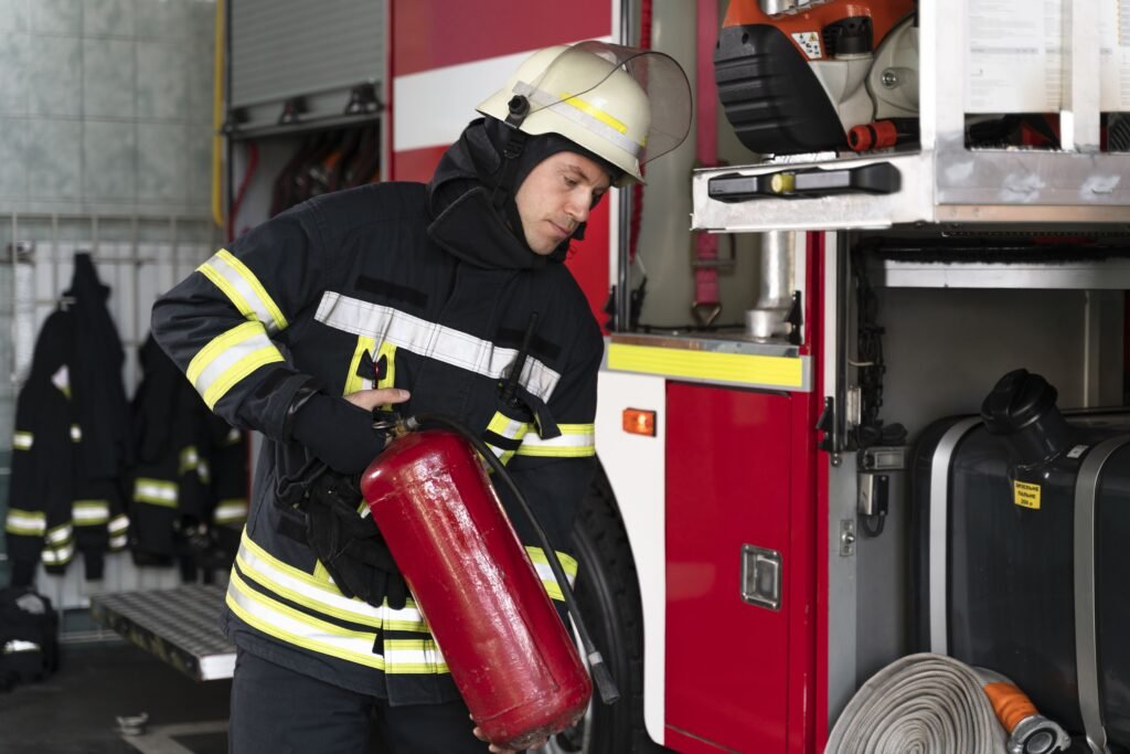 bombero masculino en la estacion equipada con traje y casco de seguridad